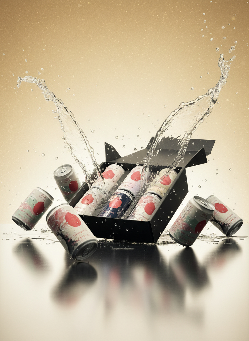 Bannière dynamique canettes saké avec éclaboussures