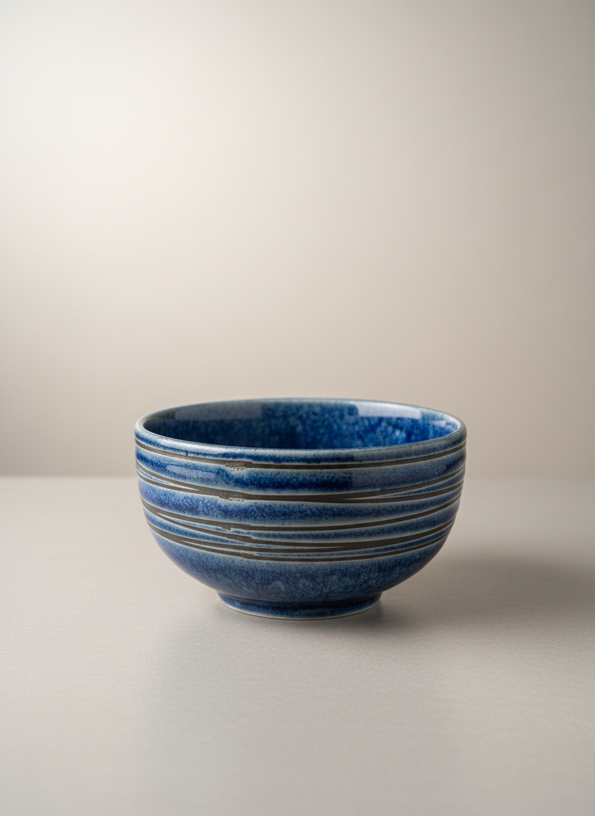 Bol japonais artisanal céramique glaçure bleu profond avec bandes horizontales texturées jeu de lumière subtil