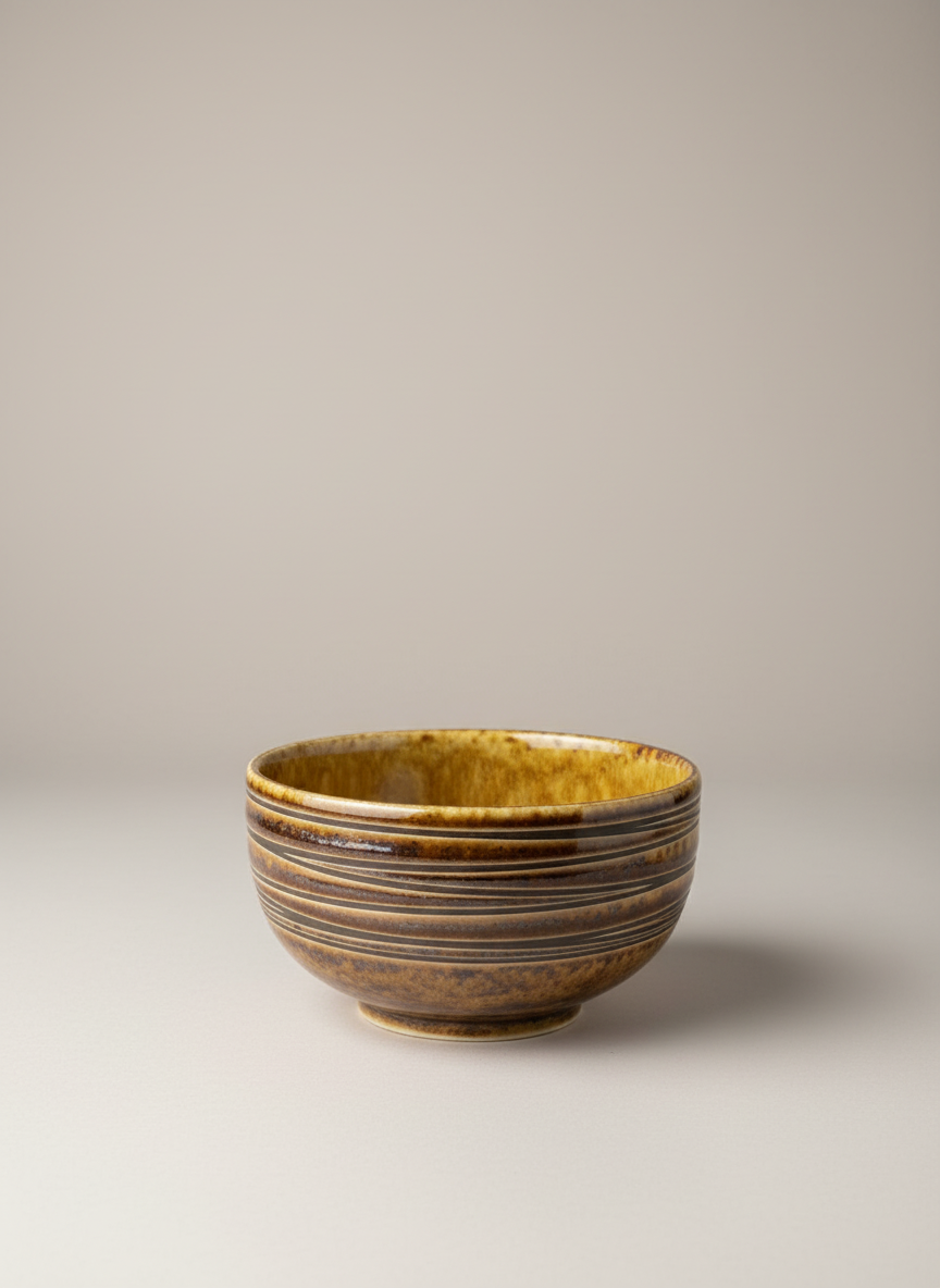Bol japonais artisanal céramique fait main extérieur brun texturé bandes horizontales relief, intérieur glaçure dorée jaune contraste luxueux