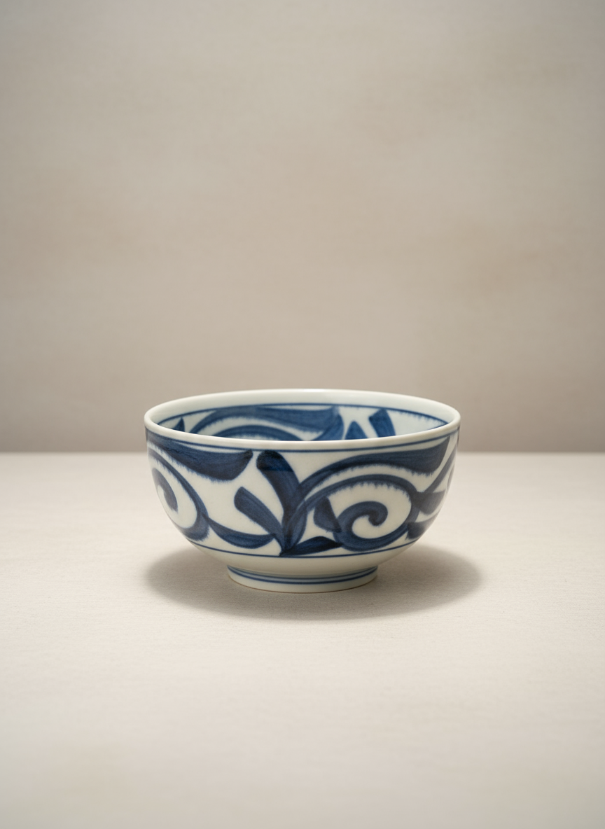 Bol japonais artisanal sur pied avec motifs d'arabesques et spirales bleues fluides style peinture à l'encre sumi-e