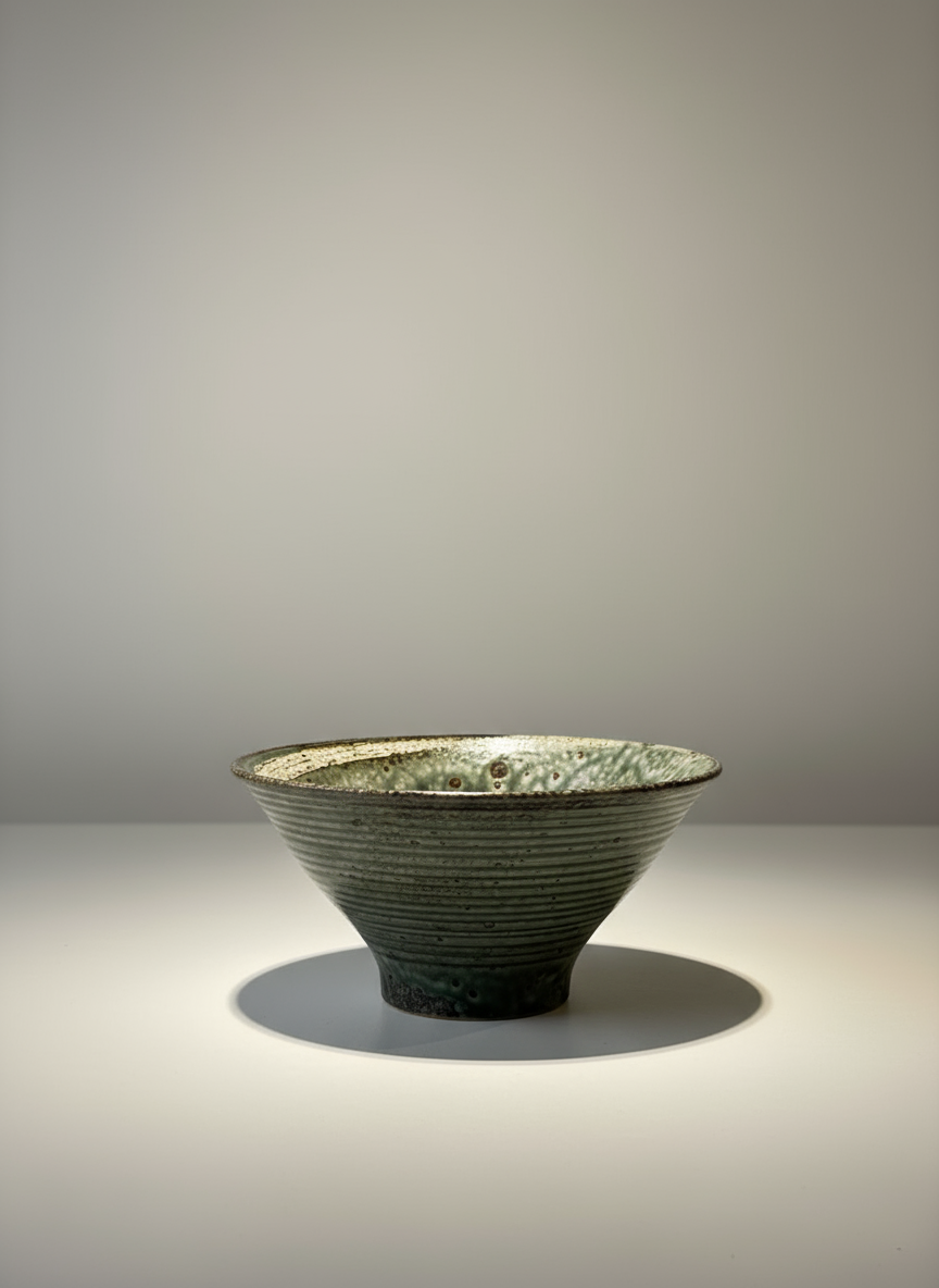 Bol japonais artisanal sur pied vert foncé avec bandes horizontales texturées et intérieur crème moucheté céramique wabi-sabi