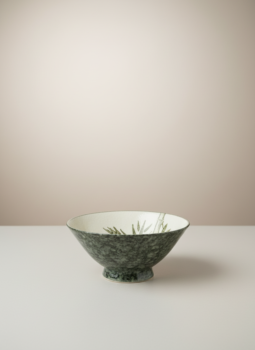 Bol japonais artisanal sur pied intérieur crème avec feuilles de bambou peintes à la main, extérieur noir moucheté céramique traditionnelle