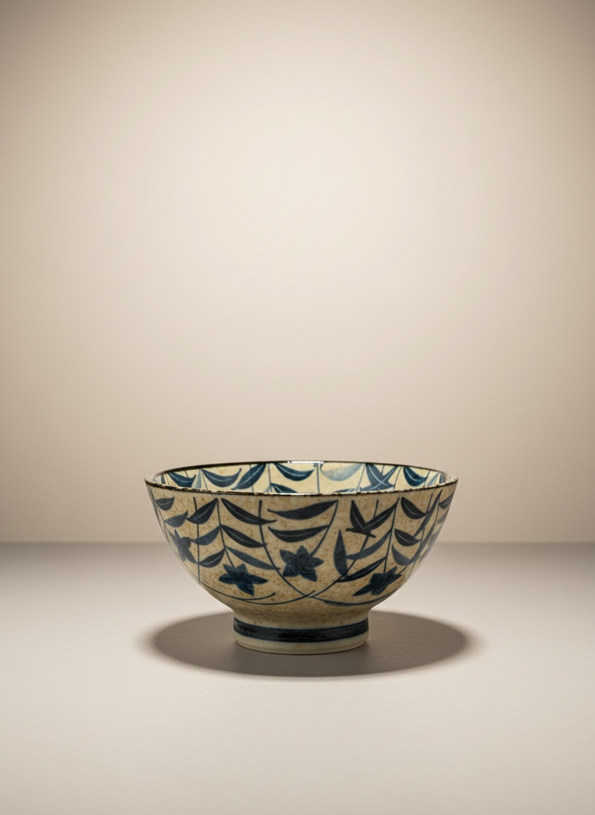 Bol japonais artisanal sur pied avec motif seigaiha vagues concentriques bleues et noires géométrique céramique traditionnelle