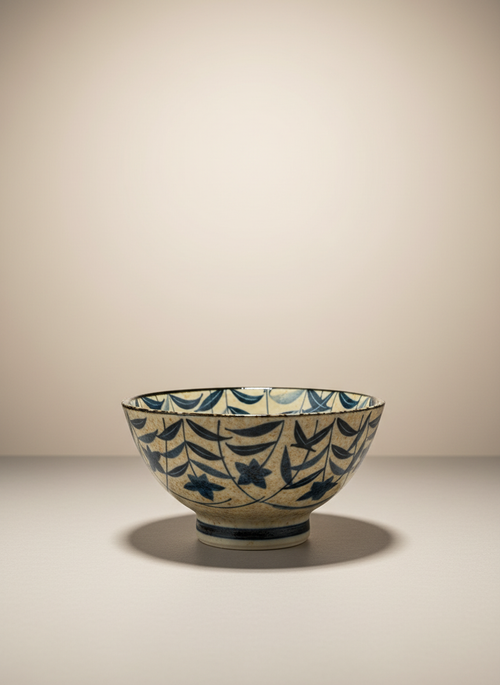 Bol japonais artisanal sur pied avec motif seigaiha vagues concentriques bleues et noires géométrique céramique traditionnelle