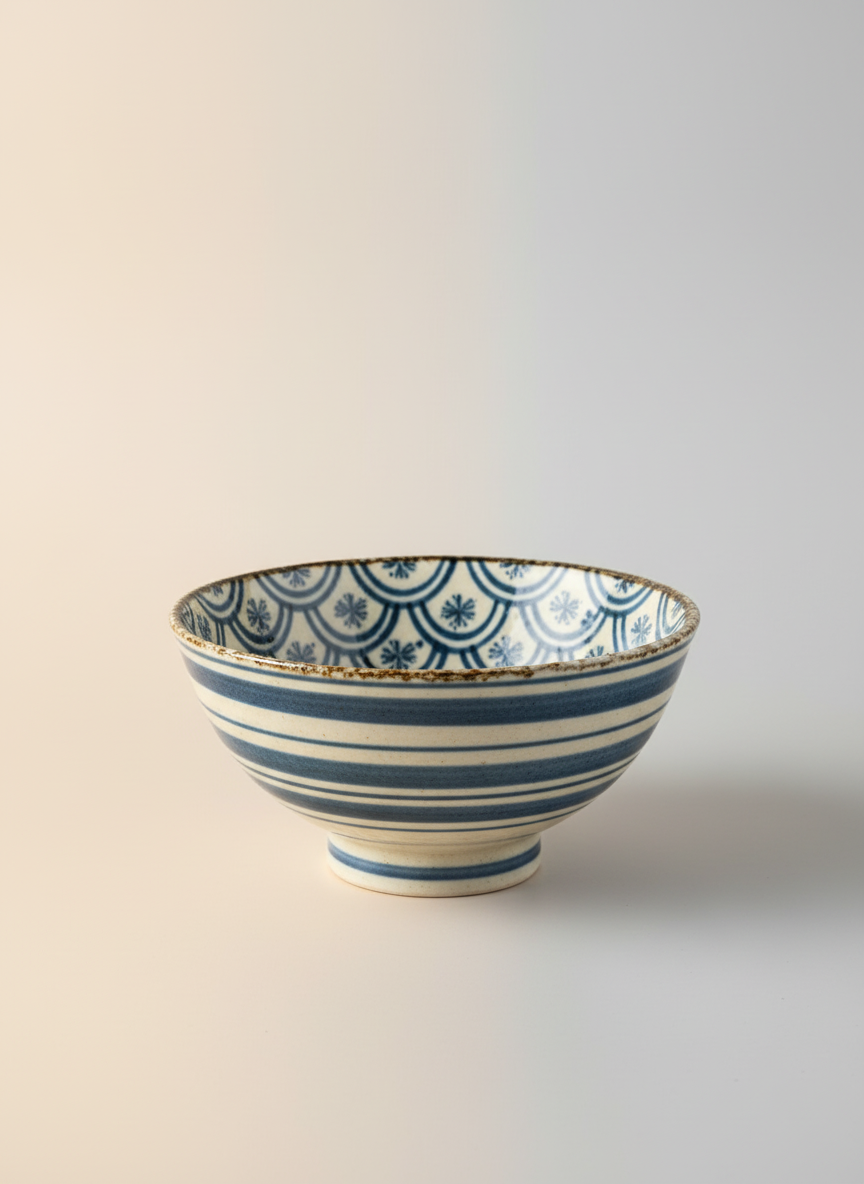 Bol japonais artisanal sur pied avec motif seigaiha vagues bleues et étoiles, rebord doré, céramique traditionnelle