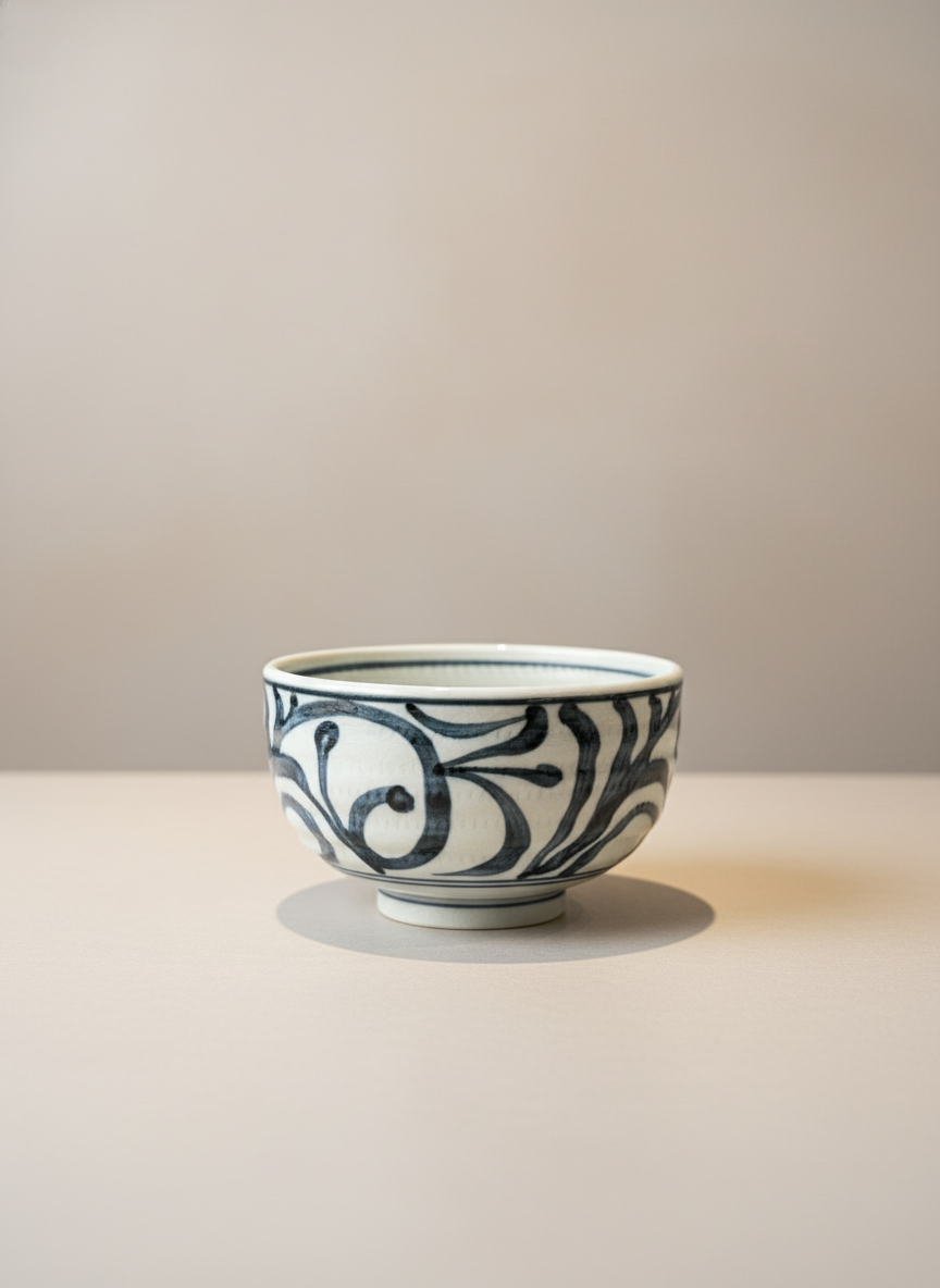 Bol japonais blanc avec arabesques noires fluides sur fond uni luxe
