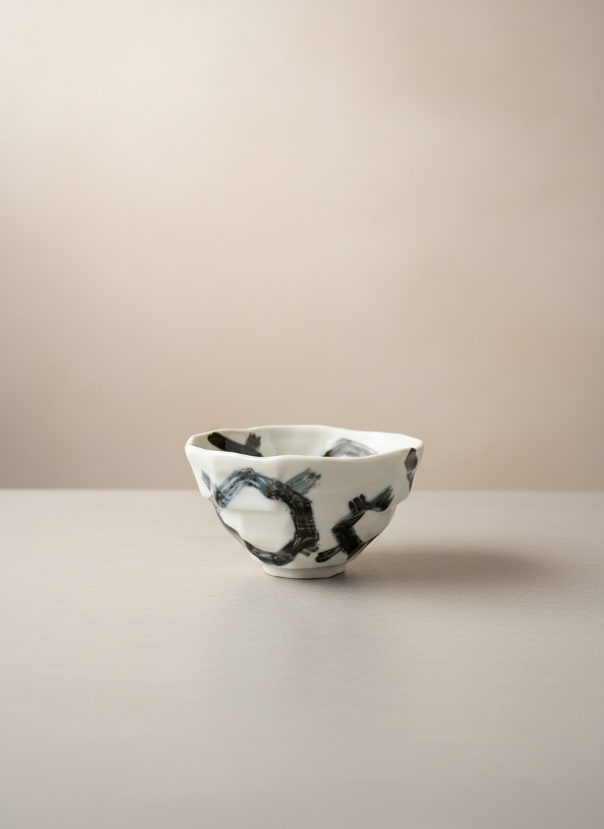Bol japonais céramique blanche avec coups de pinceau noirs audacieux style calligraphie sumi-e art abstrait contemporain