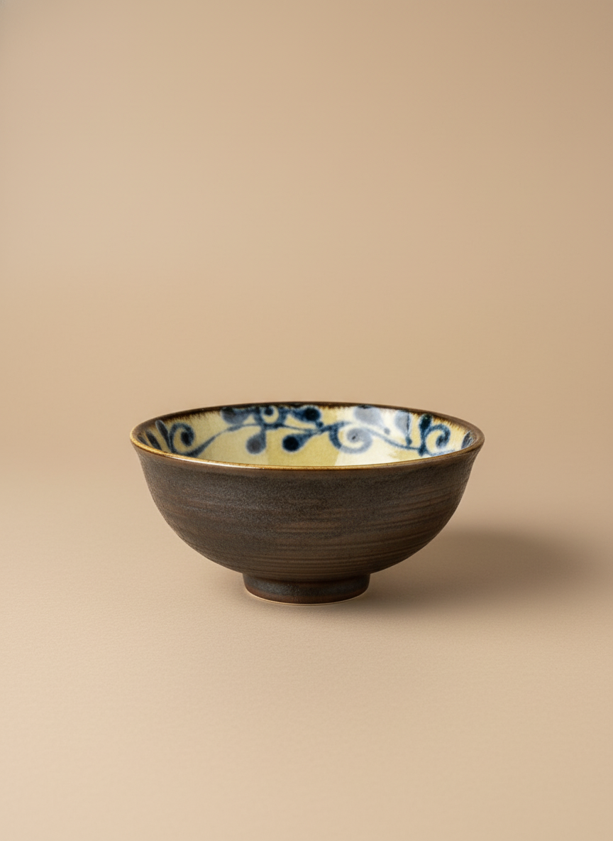 Bol japonais artisanal extérieur brun foncé texturé, intérieur doré jaune avec motifs floraux bleus délicats, rebord doré luxueux céramique