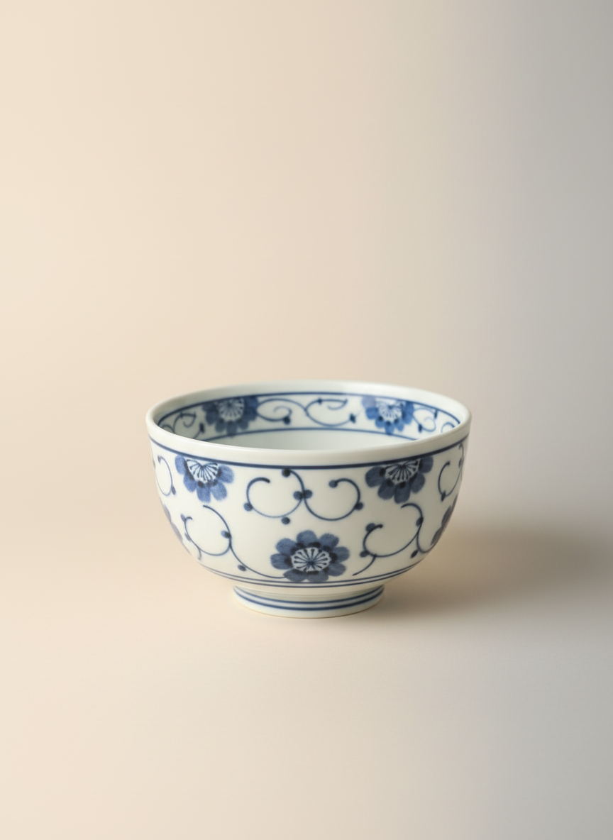 Bol japonais en porcelaine blanche avec arabesques florales bleues sur fond uni luxe