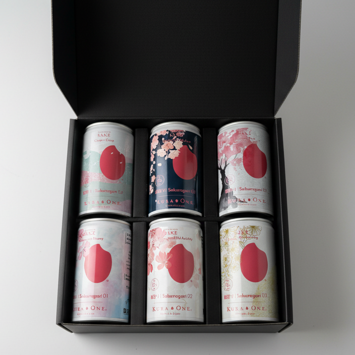 Coffret de 6 cannettes de saké Sakuragari Junmai Ginjo avec variétés Yamadanishiki, Goyakumangoku, Miyamanishiki et Homarefuji