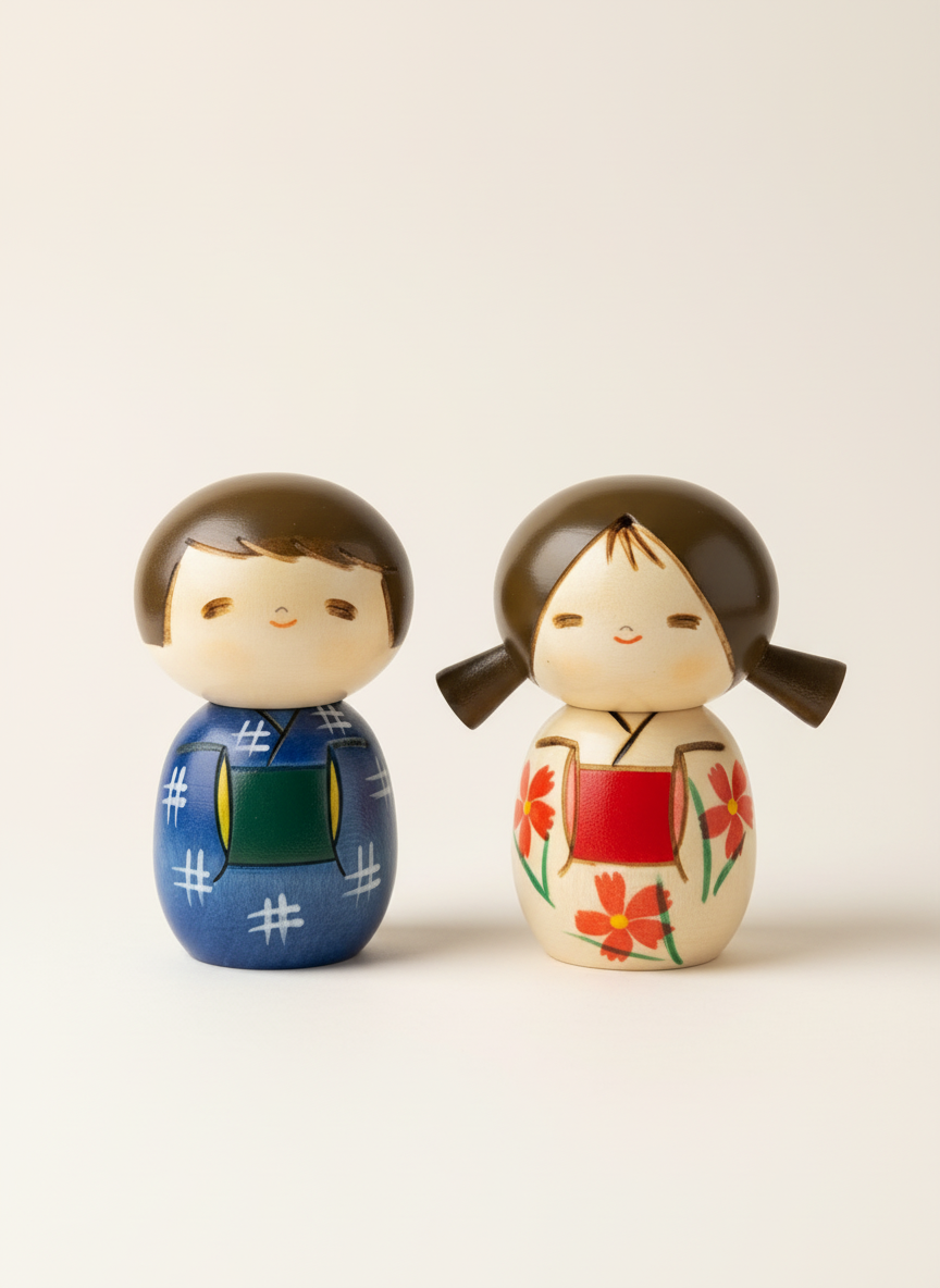Ensemble de deux poupées Kokeshi japonaises traditionnelles Nakayoshi meilleurs amis peintes à la main