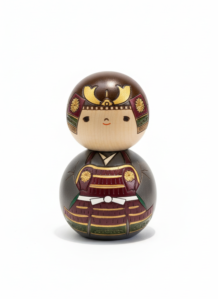 Poupée Kokeshi japonaise ronde Kabutokun petit seigneur au casque de guerrier peinte à la main