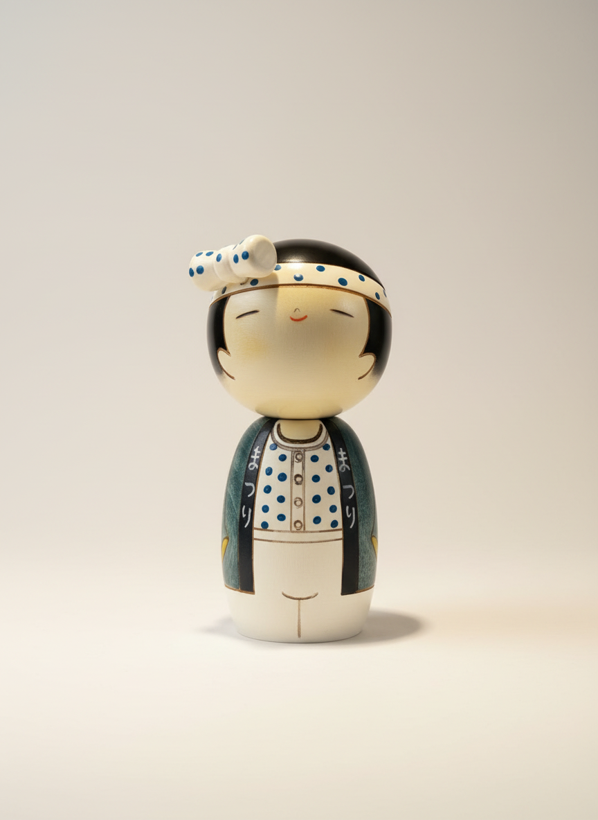 Poupée Kokeshi japonaise traditionnelle Man Wassyoi esprit festif masculin avec kimono bleu-vert à pois peint à la main