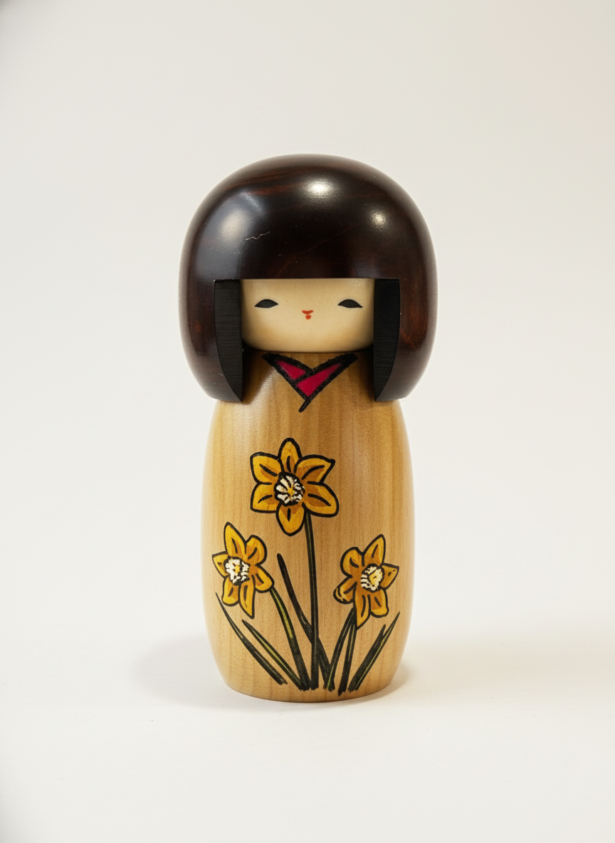 Poupée Kokeshi japonaise traditionnelle Suisen avec motifs de narcisses peints à la main sur bois naturel