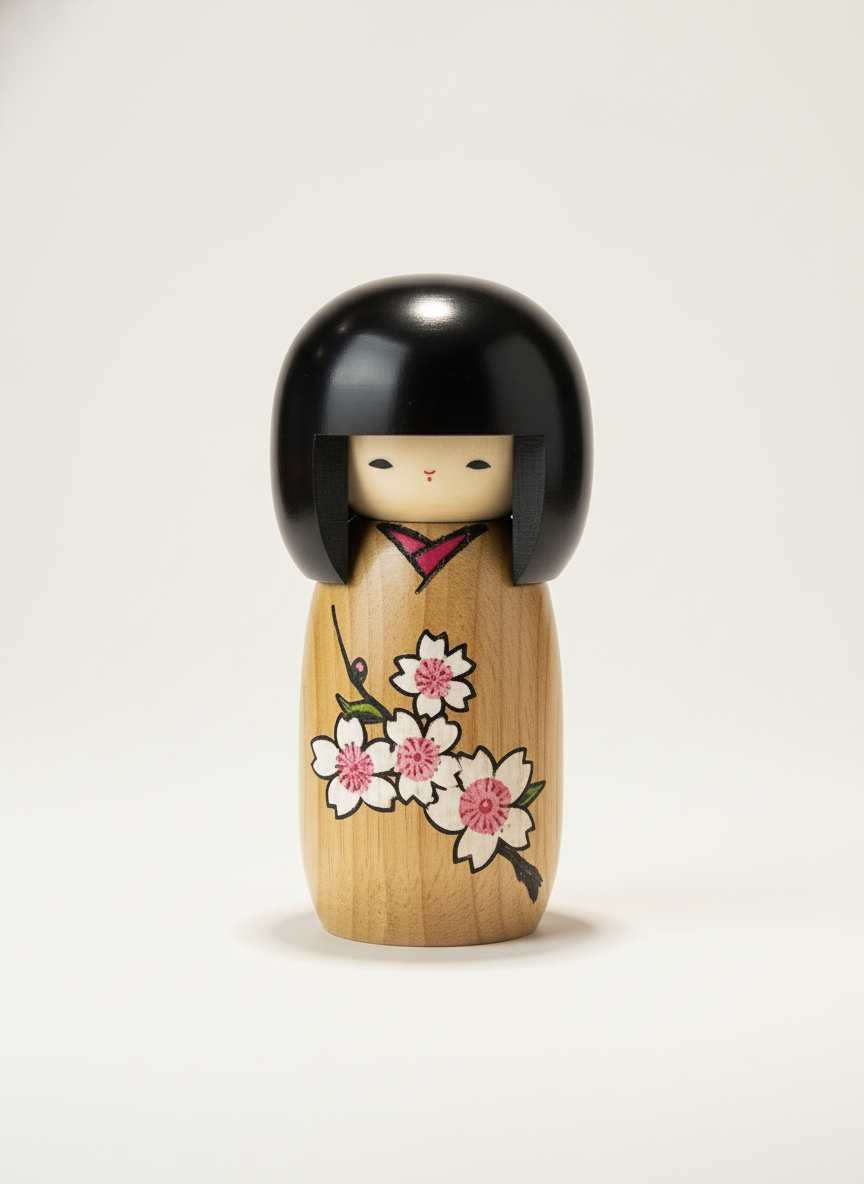 Poupée Kokeshi japonaise traditionnelle Sakura avec motifs de fleurs de cerisier peintes à la main sur bois naturel