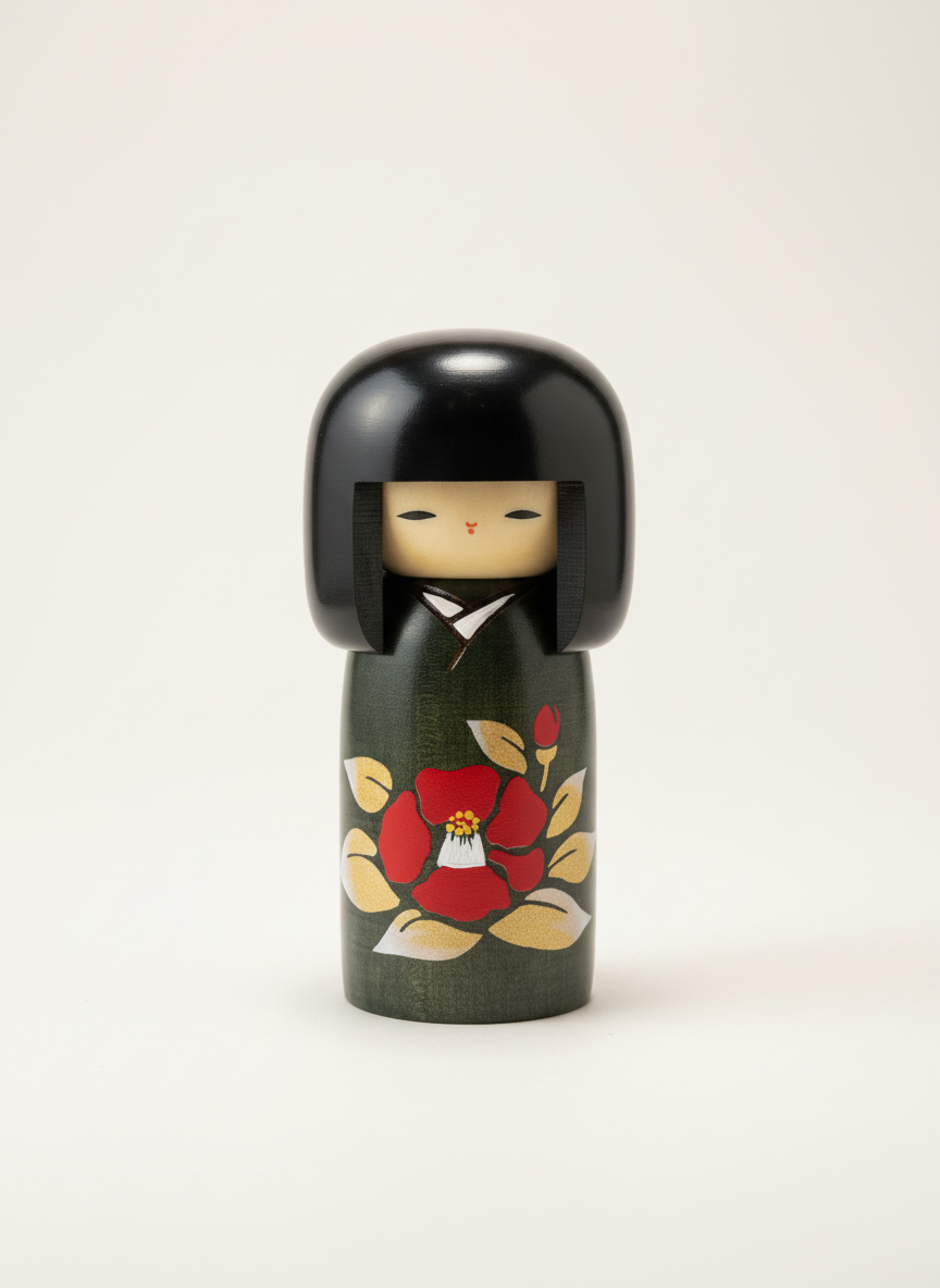 Poupée Kokeshi japonaise traditionnelle Tsubakinosato avec motifs de camélias peints à la main sur bois naturel
