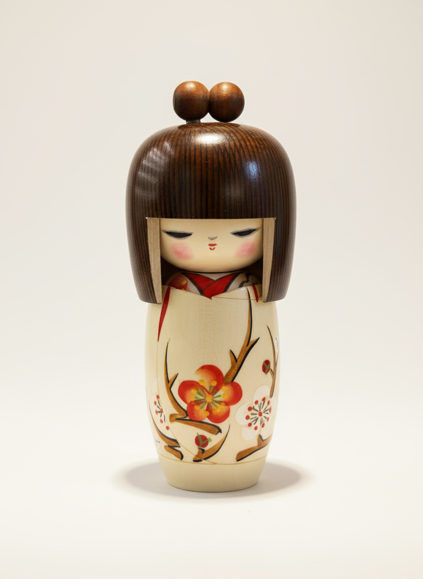 Poupée Kokeshi japonaise traditionnelle Harunoyume rêve de printemps avec motifs printaniers oniriques peints à la main