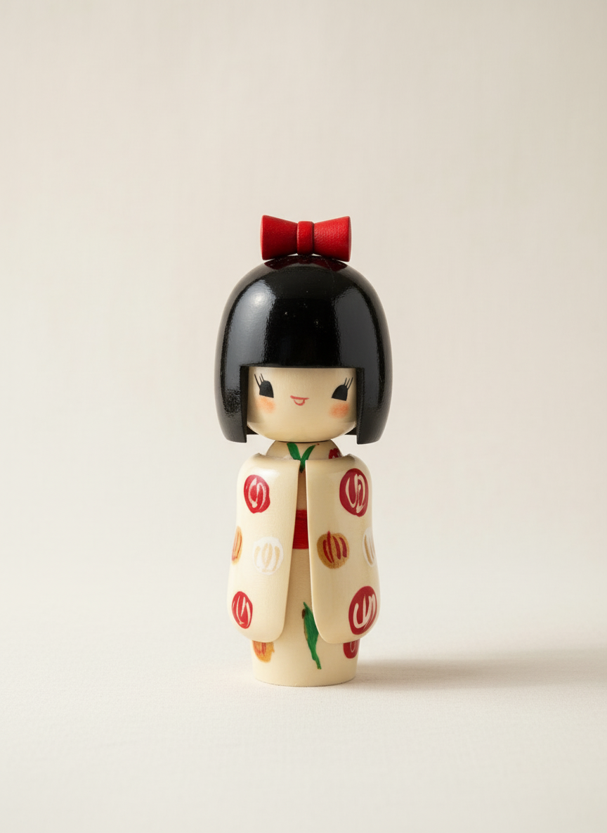 Poupée Kokeshi japonaise traditionnelle Otomesode White avec kimono blanc formel peint à la main