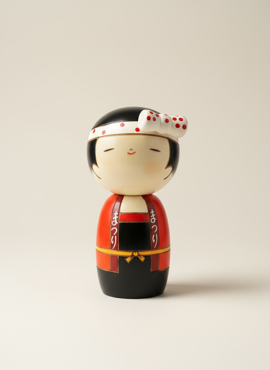 Poupée Kokeshi japonaise traditionnelle Woman Wassyoi esprit festif féminin avec motifs de festival matsuri peints à la main