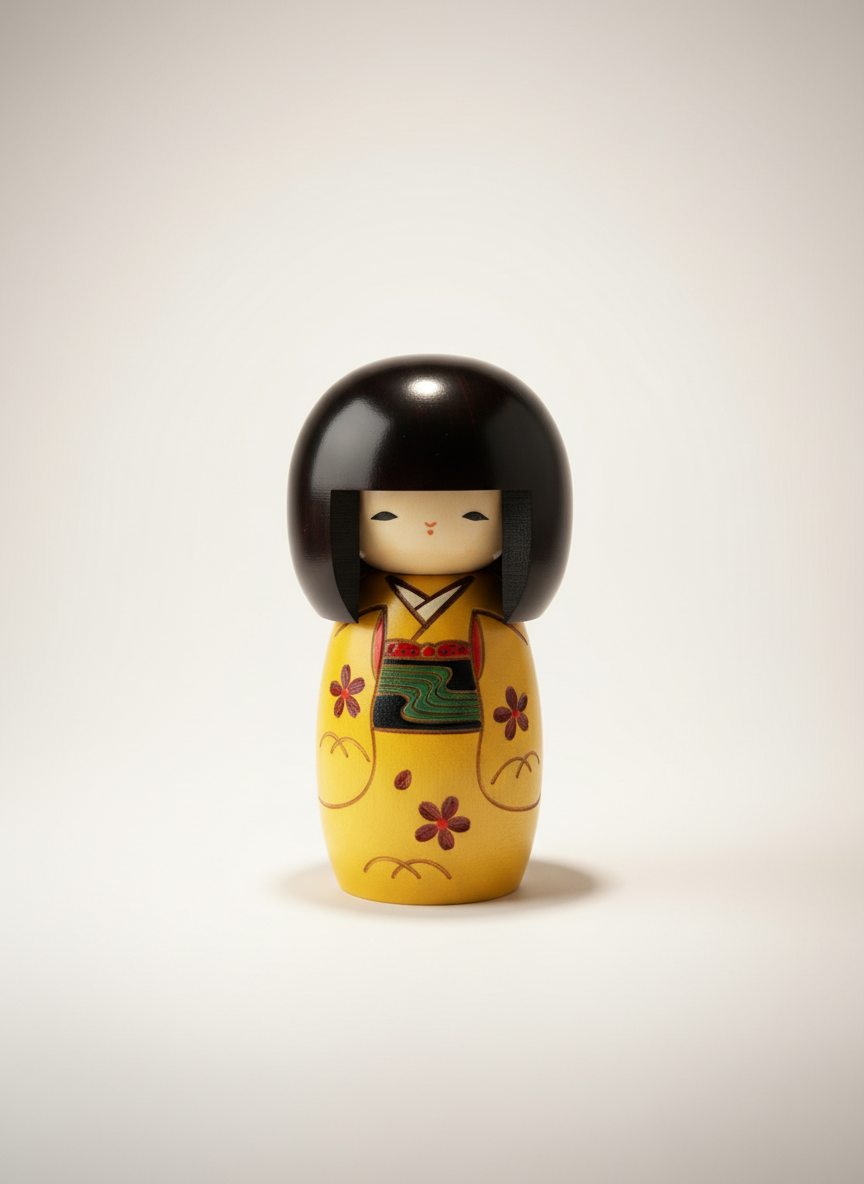 Poupée Kokeshi japonaise traditionnelle Sanago-Yellow petite fille solaire avec motifs jaunes joyeux peints à la main