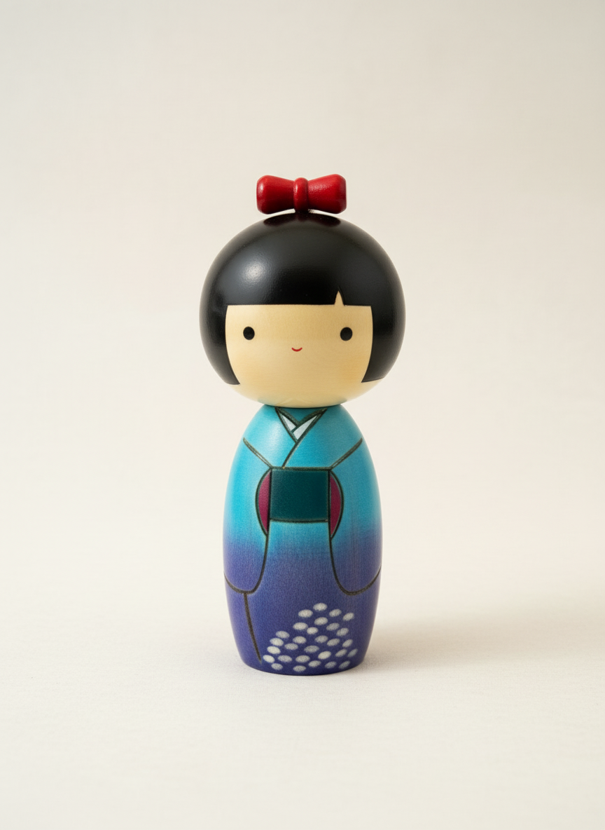 Poupée Kokeshi japonaise traditionnelle Isairarabe grâce océanique avec motifs de vagues marines peints à la main