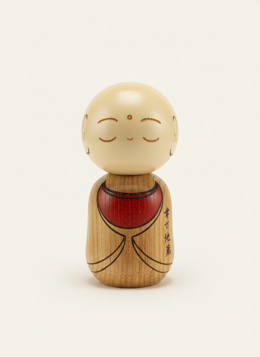 Poupée Kokeshi japonaise traditionnelle Shiawase Jizo divinité du bonheur protectrice des enfants peinte à la main