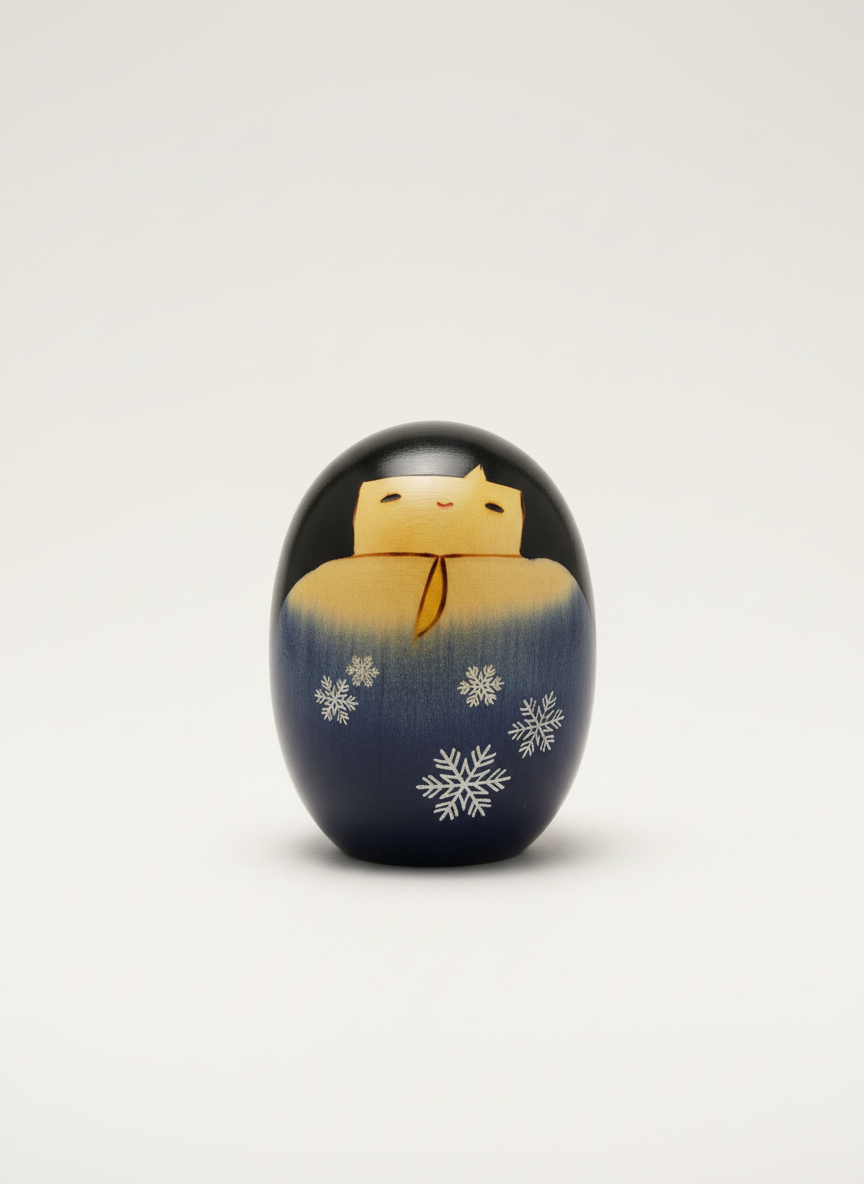 Motifs de cristaux de neige bleus peints à la main sur poupée Kokeshi ronde traditionnelle