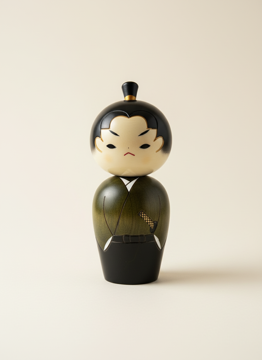 Poupée Kokeshi japonaise traditionnelle Wakasamurai jeune samouraï avec armure peinte à la main