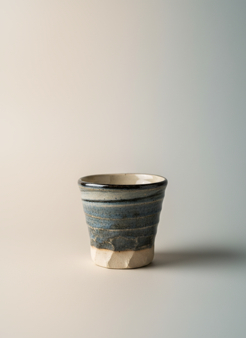 Tasse à thé japonaise yunomi bleue évoquant mer et ciel du Japon façonnée à la main céramique artisanale unique
