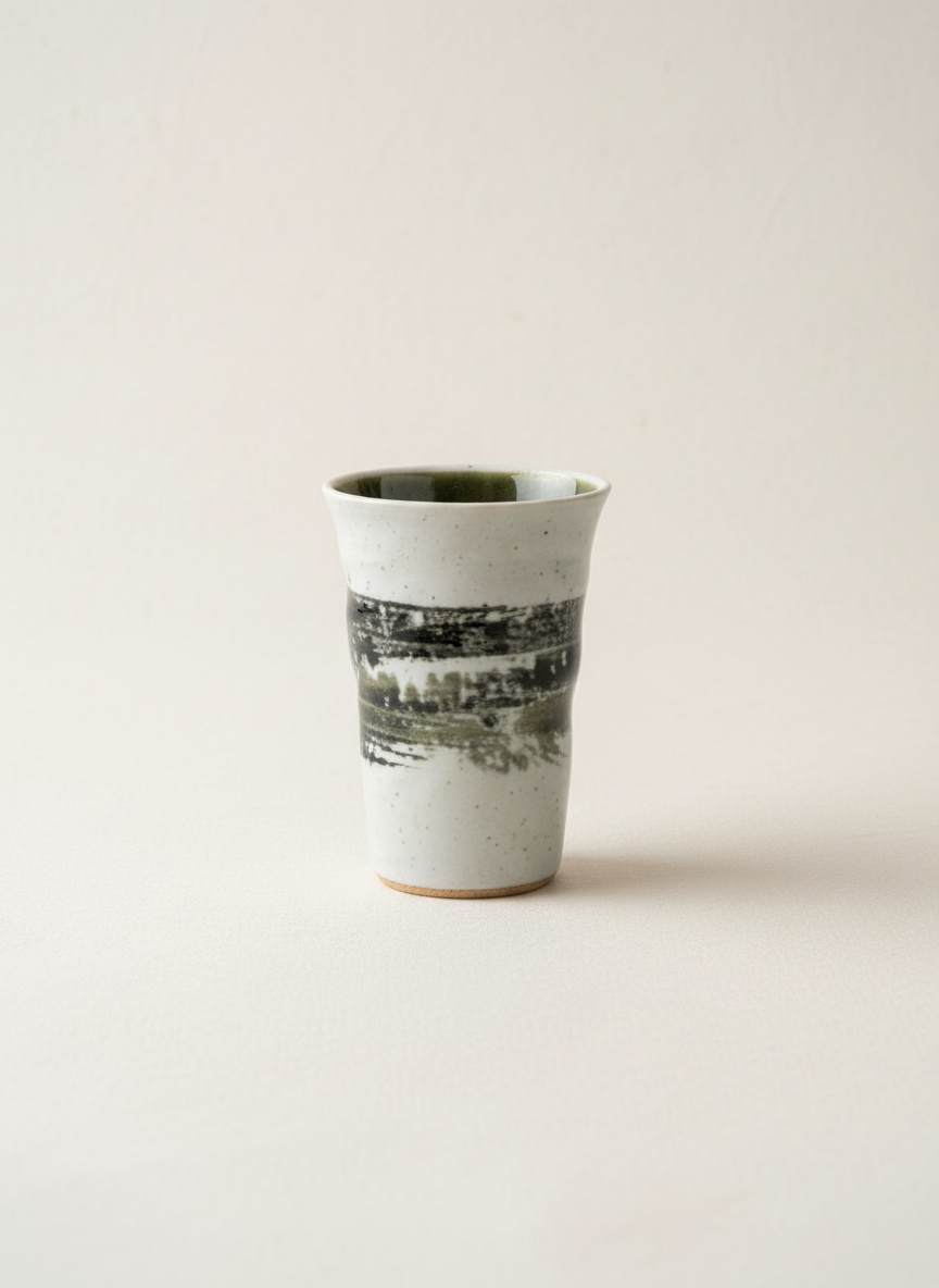 Tasse à thé japonaise yunomi blanche et verte nuances apaisantes façonnée à la main céramique artisanale paysages nippons