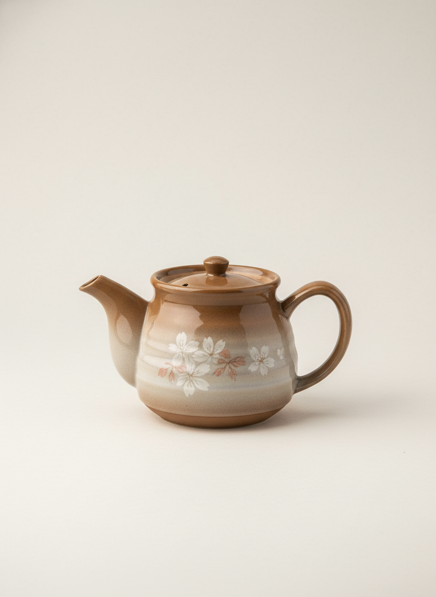 Théière japonaise kyusu céramique brune rustique avec motifs floraux délicats peints à la main artisanale traditionnelle