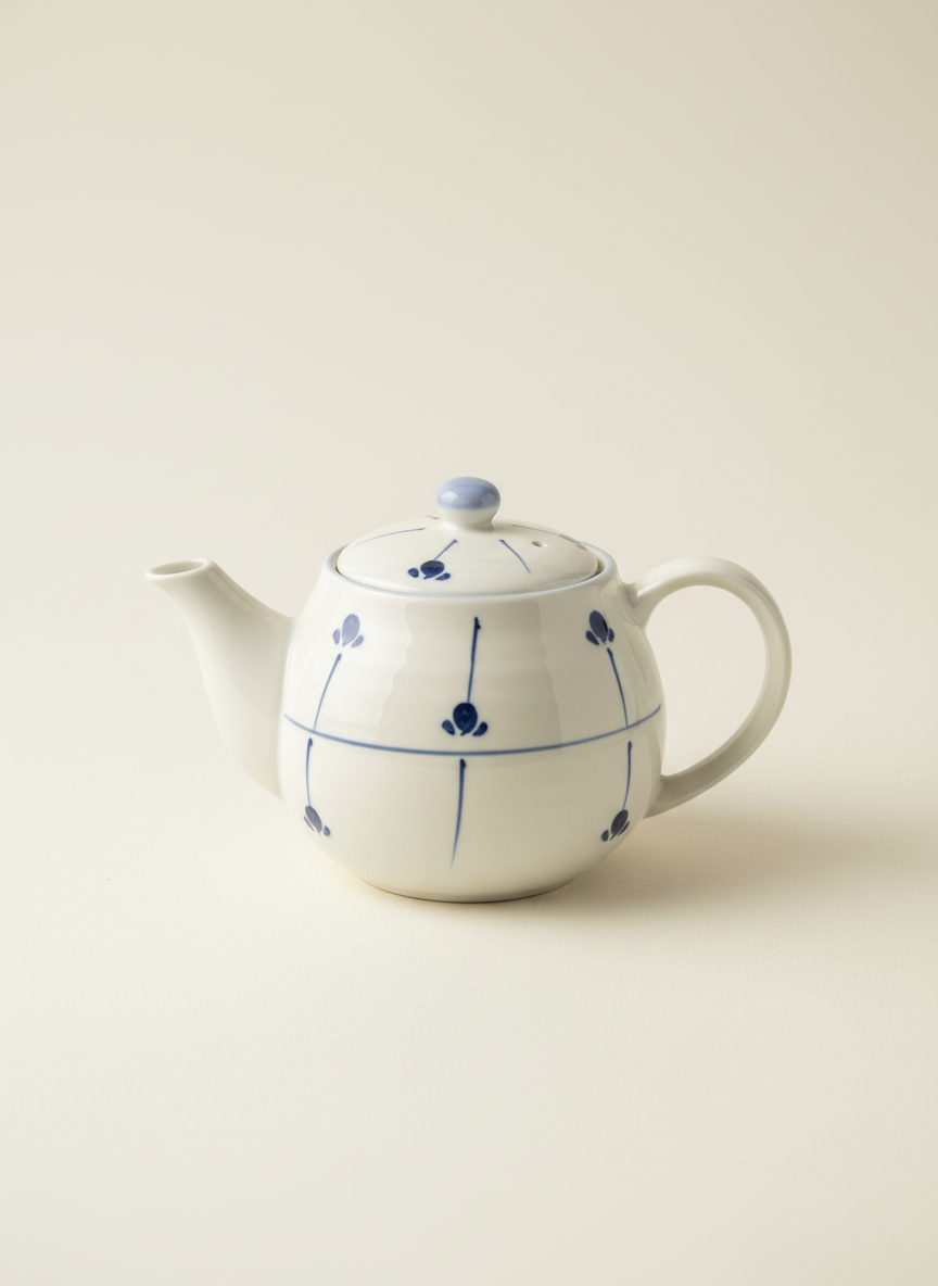 Théière japonaise kyusu porcelaine blanche immaculée avec subtils motifs bleus peints à la main céramique artisanale traditionnelle